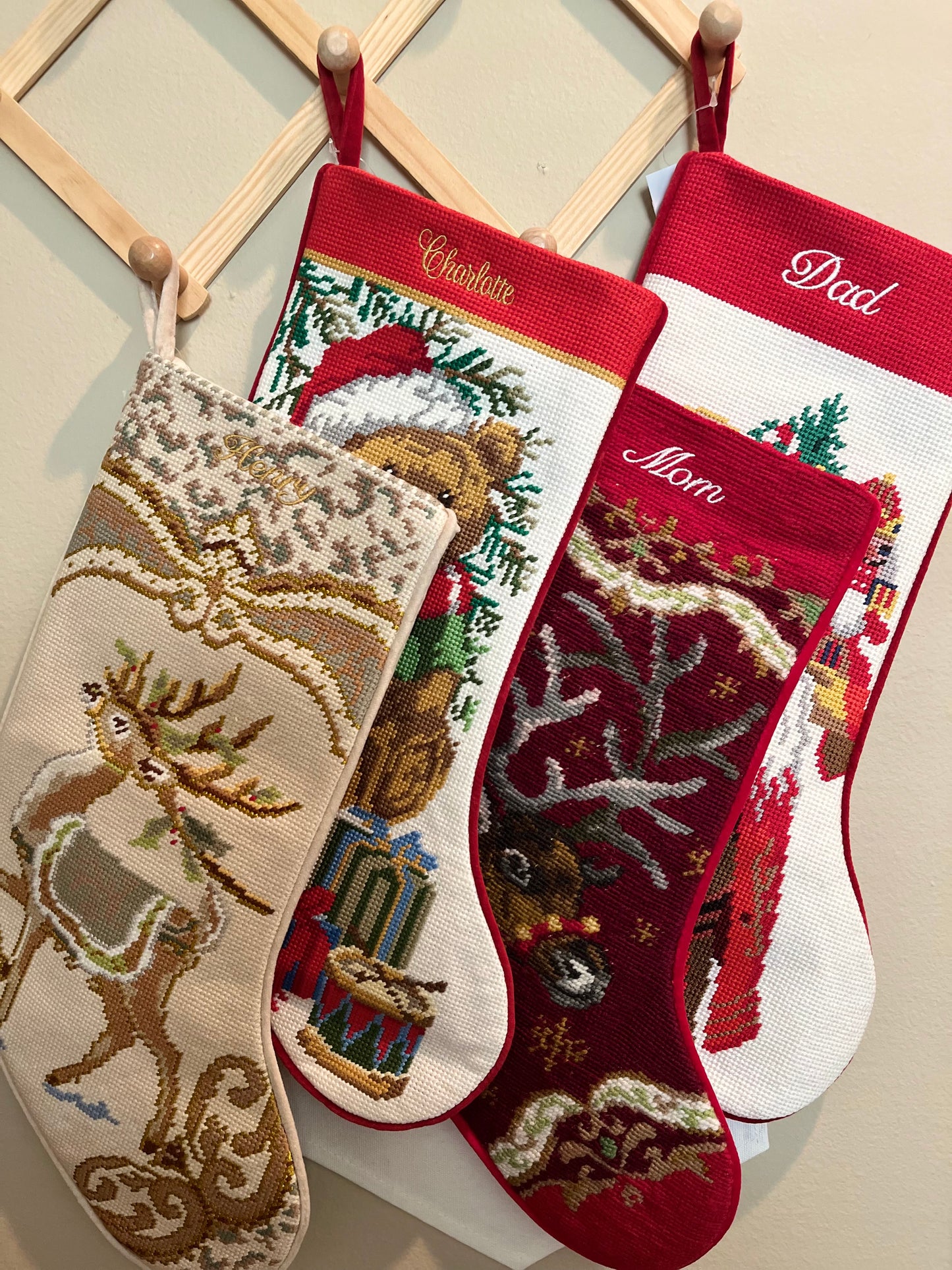 Pretty In Ivory Needlepoint Christmas Stockings