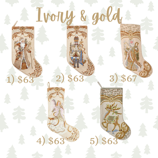 Ivory & Gold Needlepoint Christmas Stockings