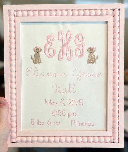 Embroidered keepsake sign + frame